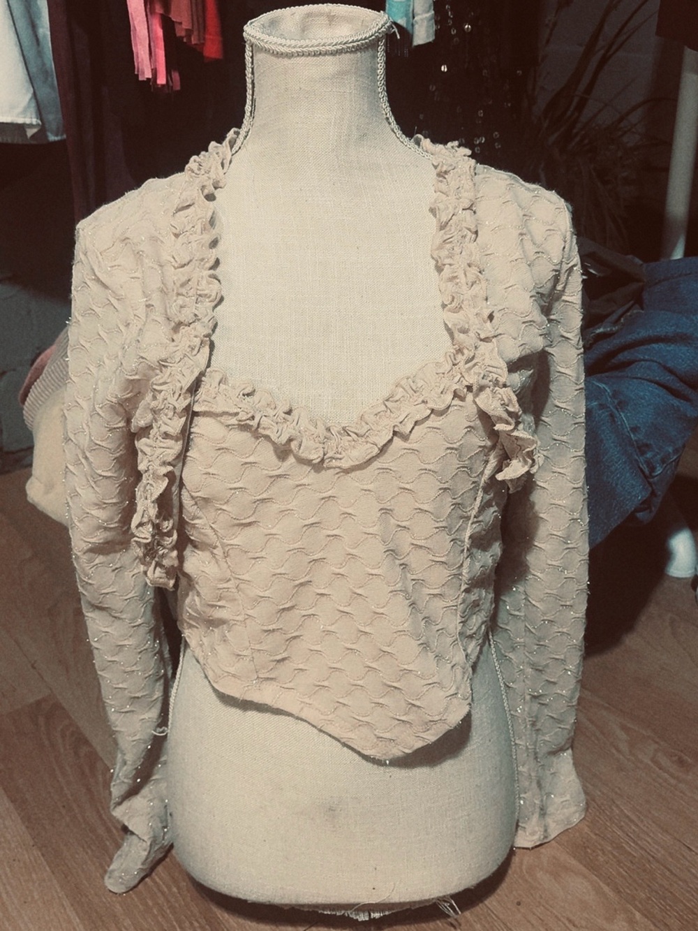 Textured Ruffle Crop Camisole & Shrug Set - Cream
